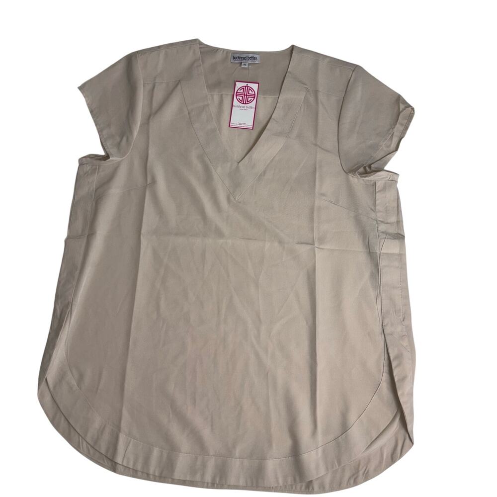 Buckhead Betties Stone Beige VNeck Blouse XL NWT Flowy Cap Sleeve Minimalist Top